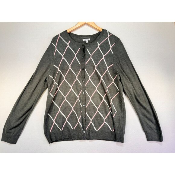 Croft & Barrow Womens Cardigan Sweater XL Gray & Pink Argyle Pattern Button-Up - Picture 2 of 11